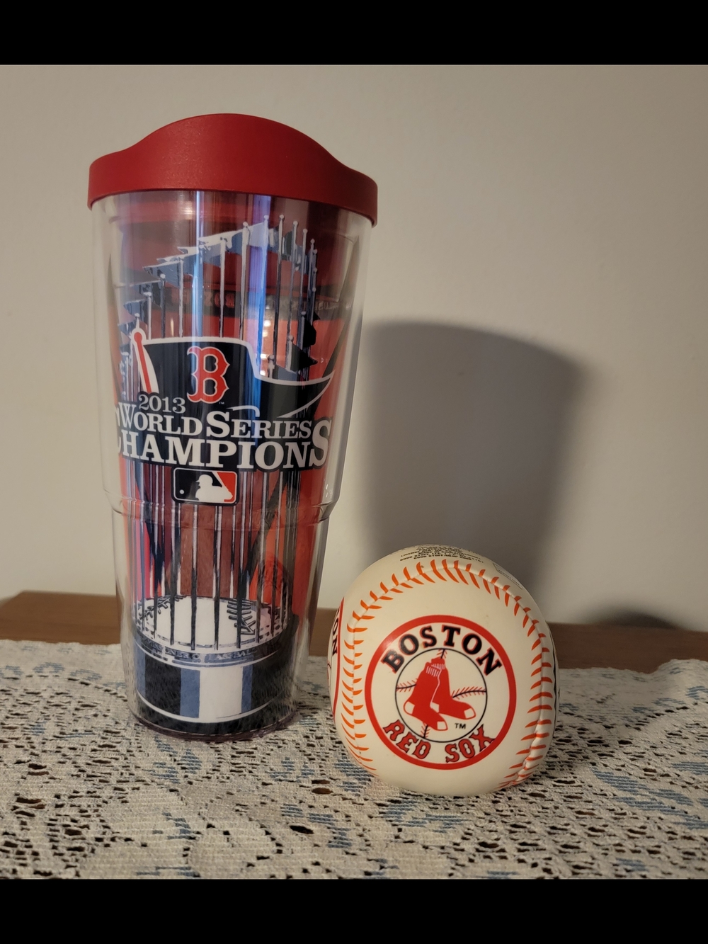 NEW-Red Sox fan set!  A 2013 World Series Champions Tumbler & Squishy Baseball